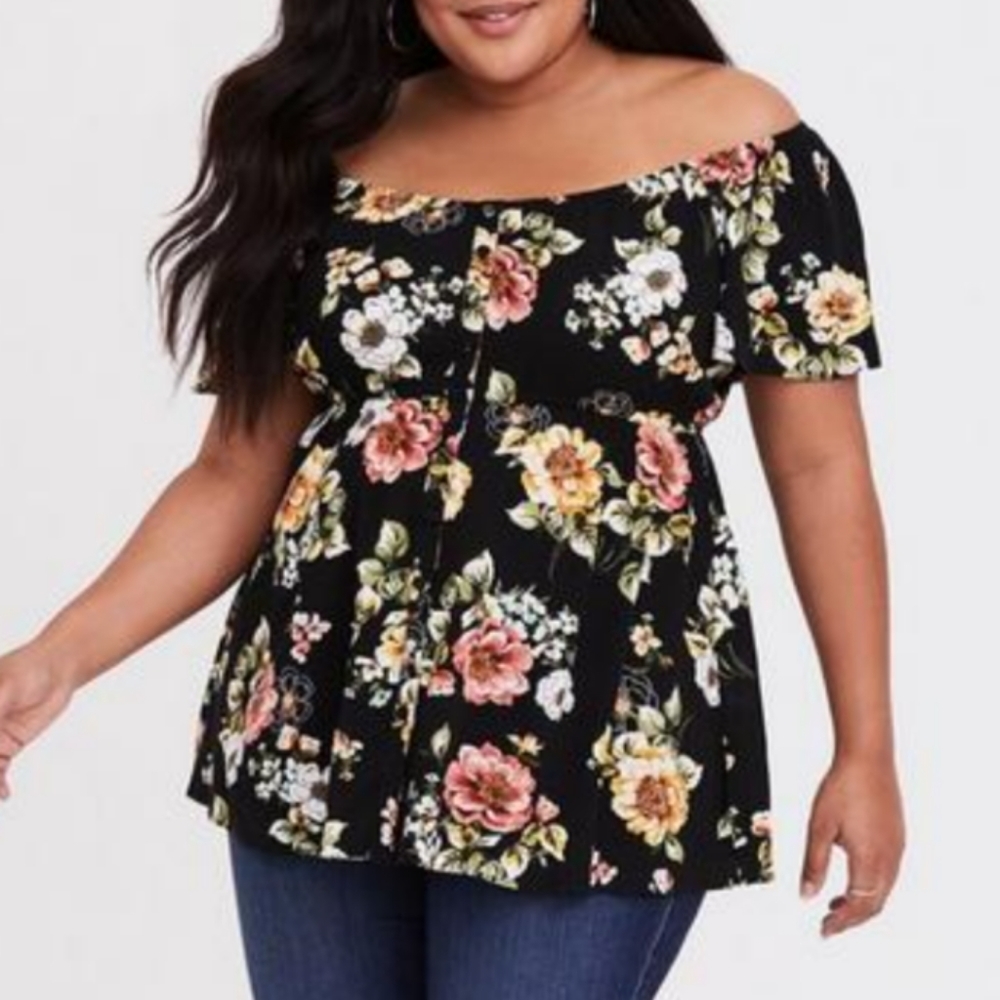 Torrid Black Floral Off-Shoulder Peplum Top